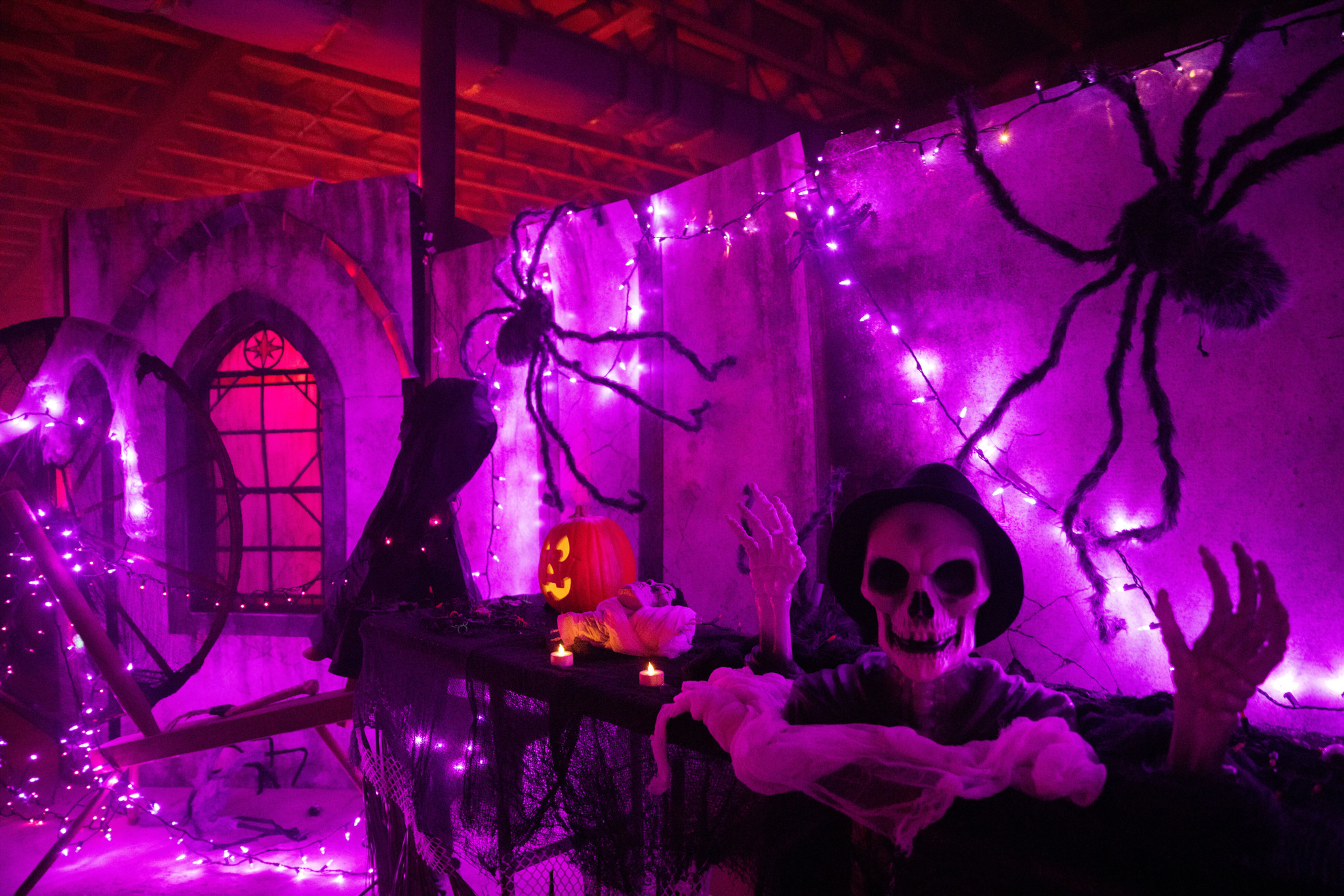 Haunted scene with a skeleton, carved pumpkin, spider decorations, and purple lights.