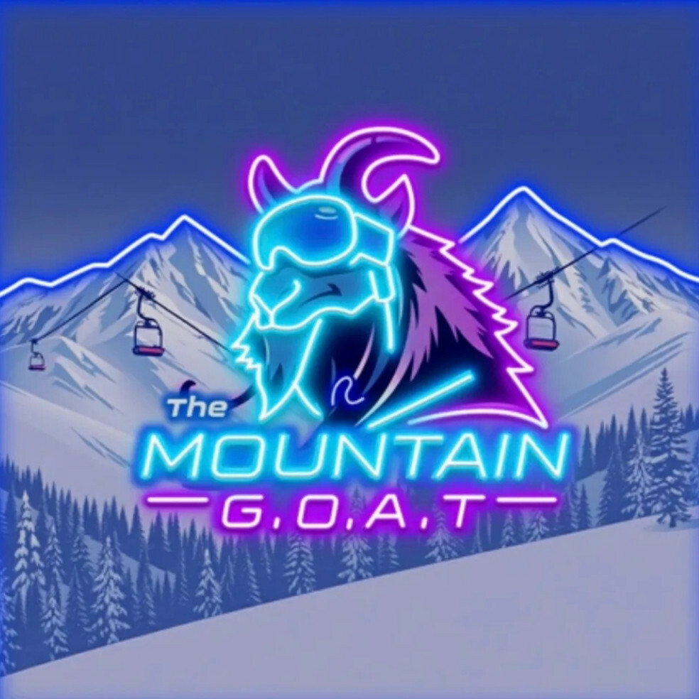 Neon logo of a goat on snowy mountains, featuring "The MOUNTAIN G.O.A.T." text.