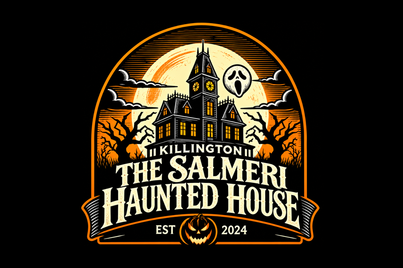Logo for "The Salmeri Haunted House" in Killington, established 2024, featuring a spooky mansion.
